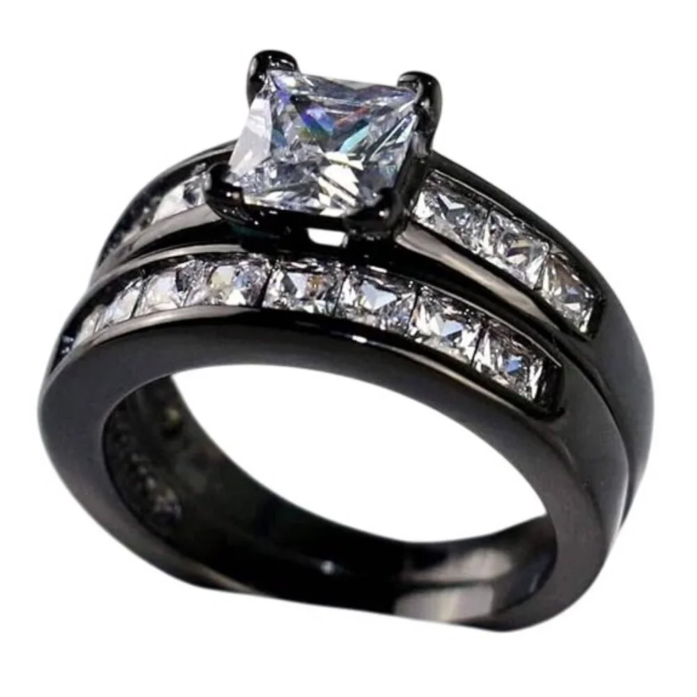 Princess Cut 6MM Black Tungsten Engagement Wedding Ring set